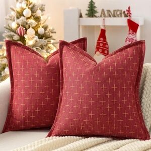 Set Of 2 Festive Red and Gold Accent Pillow Covers Size 26 X 26